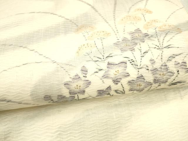 平和屋着物＊夏物 九寸名古屋帯 流水草花文 銀彩 正絹 逸品 DABA0036cm