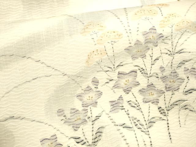 平和屋着物＊夏物 九寸名古屋帯 流水草花文 銀彩 正絹 逸品 DABA0036cm