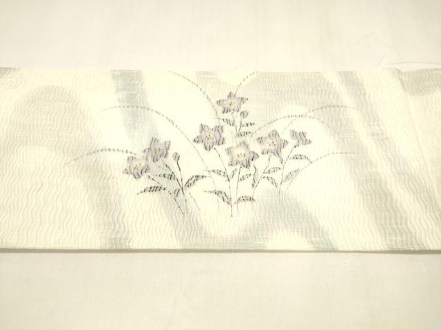 平和屋着物＊夏物 九寸名古屋帯 流水草花文 銀彩 正絹 逸品 DABA0036cm
