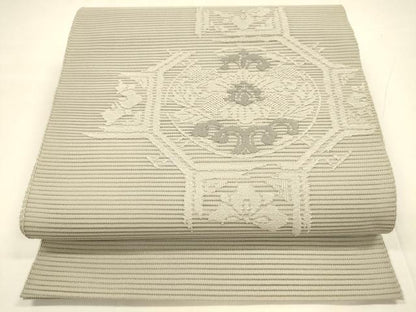 平和屋着物＊夏物 絽綴れ 八寸名古屋帯 総刺繍 蜀江花文 絹鼠色 正絹 逸品 DABA0048cm