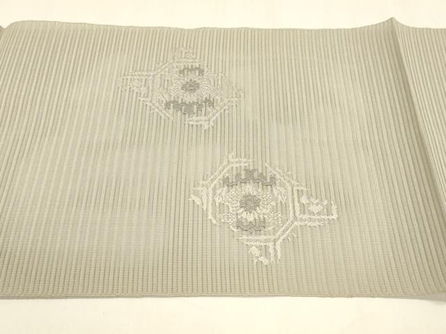平和屋着物＊夏物 絽綴れ 八寸名古屋帯 総刺繍 蜀江花文 絹鼠色 正絹 逸品 DABA0048cm