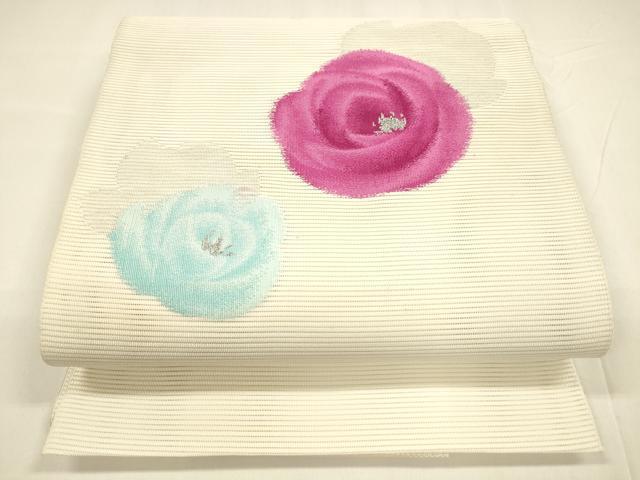 平和屋着物＊夏物　京の名門　じゅらく謹製　絽綴れ　八寸名古屋帯　薔薇　バラ　銀糸　正絹　逸品　DABA0049cm 平和屋着物＊夏物 京の名門 じゅらく謹製 絽綴れ 八寸名古屋帯