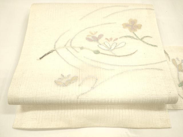平和屋着物＊夏物 九寸名古屋帯 枝花文 銀糸 正絹 逸品 DABA0052cm