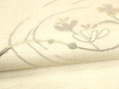 平和屋着物＊夏物 九寸名古屋帯 枝花文 銀糸 正絹 逸品 DABA0052cm