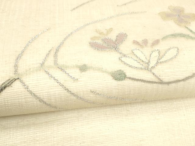 平和屋着物＊夏物 九寸名古屋帯 枝花文 銀糸 正絹 逸品 DABA0052cm
