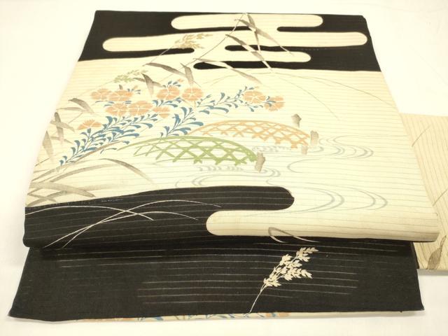 平和屋着物＊夏物 アンティーク 大正ロマン 九寸名古屋帯 刺繍 流水籬草花文 黒地 正絹 逸品 DABA0054cm