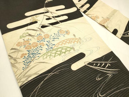 平和屋着物＊夏物 アンティーク 大正ロマン 九寸名古屋帯 刺繍 流水籬草花文 黒地 正絹 逸品 DABA0054cm