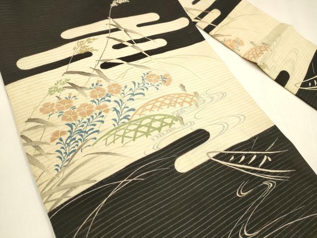 平和屋着物＊夏物 アンティーク 大正ロマン 九寸名古屋帯 刺繍 流水籬草花文 黒地 正絹 逸品 DABA0054cm