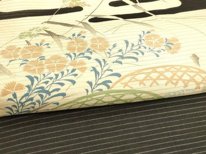 平和屋着物＊夏物 アンティーク 大正ロマン 九寸名古屋帯 刺繍 流水籬草花文 黒地 正絹 逸品 DABA0054cm