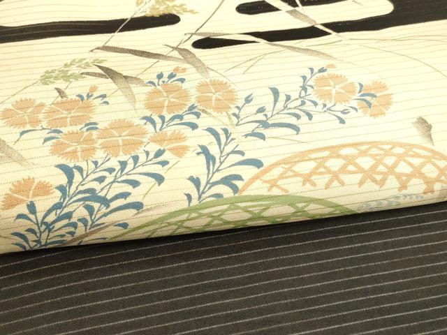 平和屋着物＊夏物 アンティーク 大正ロマン 九寸名古屋帯 刺繍 流水籬草花文 黒地 正絹 逸品 DABA0054cm