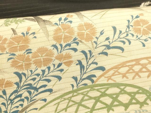 平和屋着物＊夏物 アンティーク 大正ロマン 九寸名古屋帯 刺繍 流水籬草花文 黒地 正絹 逸品 DABA0054cm