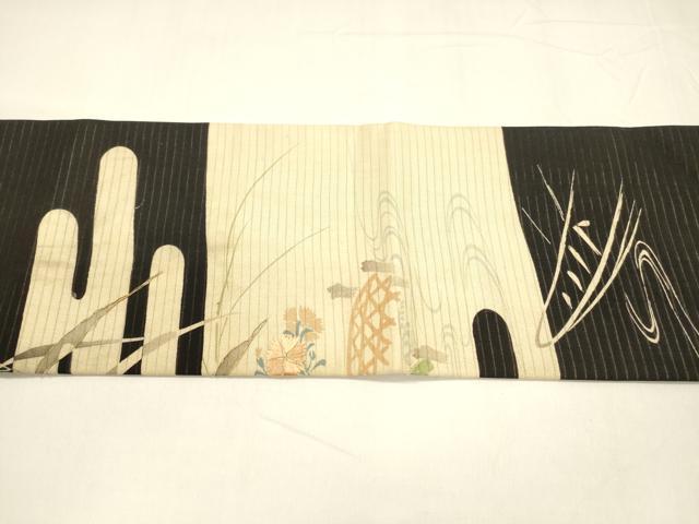 平和屋着物＊夏物 アンティーク 大正ロマン 九寸名古屋帯 刺繍 流水籬草花文 黒地 正絹 逸品 DABA0054cm