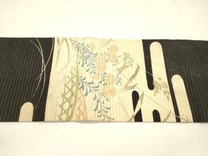 平和屋着物＊夏物 アンティーク 大正ロマン 九寸名古屋帯 刺繍 流水籬草花文 黒地 正絹 逸品 DABA0054cm
