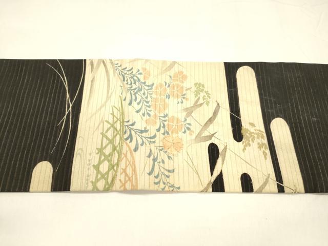 平和屋着物＊夏物 アンティーク 大正ロマン 九寸名古屋帯 刺繍 流水籬草花文 黒地 正絹 逸品 DABA0054cm