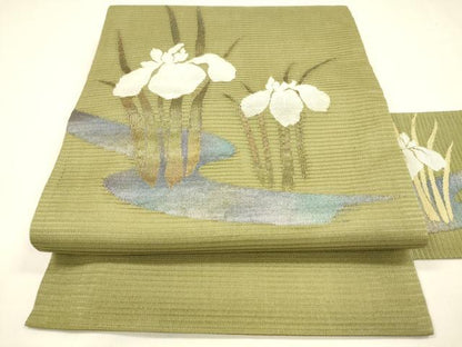 平和屋着物＊夏物 九寸名古屋帯 流水杜若 金銀糸 正絹 逸品 DABA0056cm