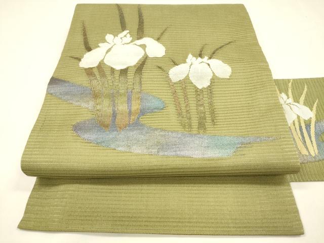平和屋着物＊夏物 九寸名古屋帯 流水杜若 金銀糸 正絹 逸品 DABA0056cm