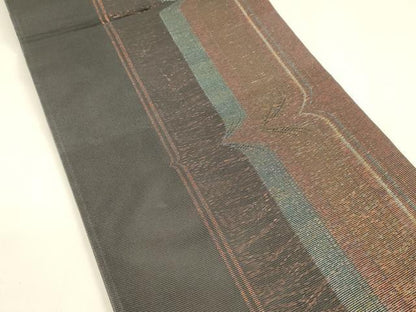 平和屋着物＊夏物 六通柄袋帯 カラー遊び 黒地 金糸 正絹 逸品 DABA0067cm
