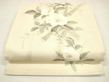 平和屋着物＊夏物 太鼓柄袋帯 作家物 手描き 刺繍 竹垣草花文 銀彩 正絹 逸品 DABA0069cm