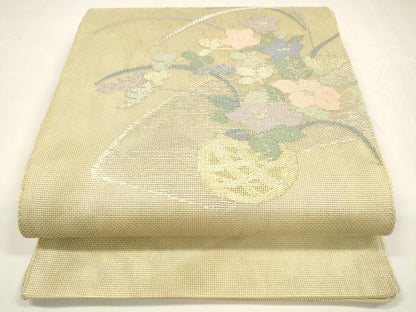 平和屋着物＊夏物 太鼓柄 本袋帯 草花文 金銀糸 正絹 逸品 DABA0075cm
