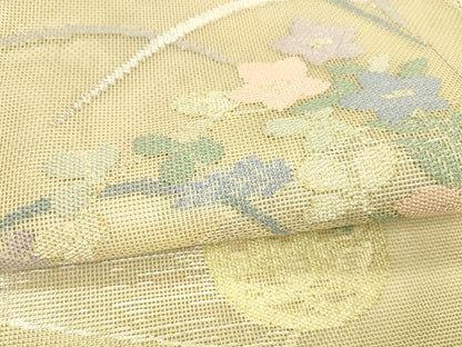 平和屋着物＊夏物 太鼓柄 本袋帯 草花文 金銀糸 正絹 逸品 DABA0075cm