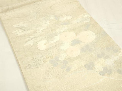 平和屋着物＊夏物 六通柄袋帯 流水草花文 金銀糸 正絹 逸品 DABA0077cm