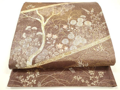平和屋着物＊夏物 六通柄袋帯 草花文 金銀糸 正絹 逸品 DABA0083cm