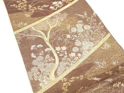 平和屋着物＊夏物 六通柄袋帯 草花文 金銀糸 正絹 逸品 DABA0083cm