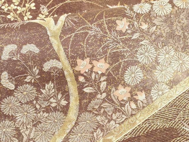 平和屋着物＊夏物 六通柄袋帯 草花文 金銀糸 正絹 逸品 DABA0083cm