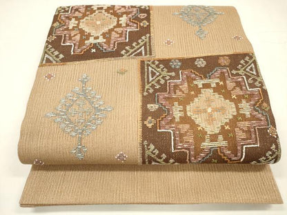 平和屋着物＊夏物 太鼓柄袋帯 総刺繍 抽象文様 金糸 三越扱い 正絹 逸品 DABA0084cm