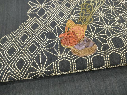 平和屋着物▽スリーシーズン 春夏秋 中国三大刺繍 相良刺繍 総刺繍 太鼓柄袋帯 紬地 刺し子 尾長鳥麻の葉文 金糸 正絹 逸品 DABA0087cm