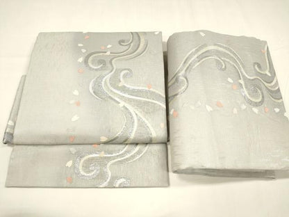 平和屋着物＊夏物 つけ帯 流水花文 銀糸 正絹 逸品 DABA0089cm
