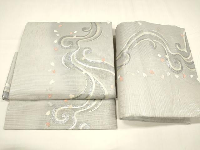 平和屋着物＊夏物 つけ帯 流水花文 銀糸 正絹 逸品 DABA0089cm