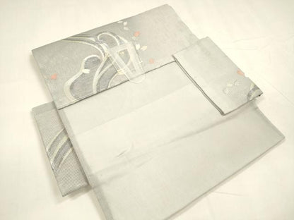 平和屋着物＊夏物 つけ帯 流水花文 銀糸 正絹 逸品 DABA0089cm