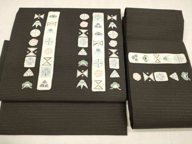 平和屋着物＊夏物 絽塩瀬 つけ帯 抽象花松文 黒地 金彩 正絹 逸品 DABA0093cm