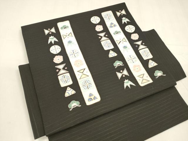 平和屋着物＊夏物 絽塩瀬 つけ帯 抽象花松文 黒地 金彩 正絹 逸品 DABA0093cm