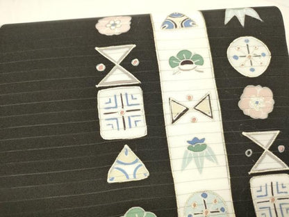 平和屋着物＊夏物 絽塩瀬 つけ帯 抽象花松文 黒地 金彩 正絹 逸品 DABA0093cm