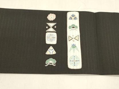 平和屋着物＊夏物 絽塩瀬 つけ帯 抽象花松文 黒地 金彩 正絹 逸品 DABA0093cm