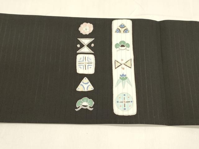平和屋着物＊夏物 絽塩瀬 つけ帯 抽象花松文 黒地 金彩 正絹 逸品 DABA0093cm