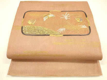 平和屋着物＊夏物 太鼓柄袋帯 刺繍 舞蝶草葉文 金糸 引箔 正絹 逸品 DABA0098cm