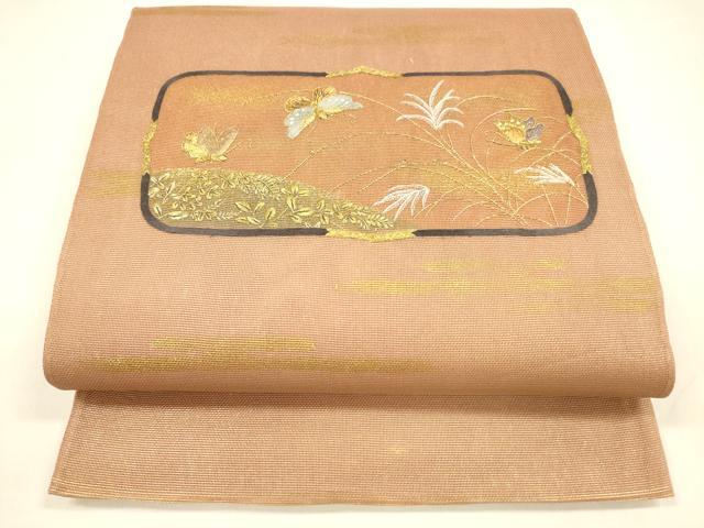 平和屋着物＊夏物 太鼓柄袋帯 刺繍 舞蝶草葉文 金糸 引箔 正絹 逸品 DABA0098cm