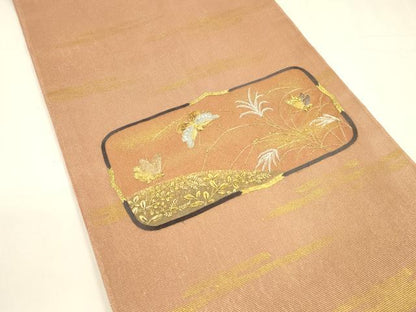 平和屋着物＊夏物 太鼓柄袋帯 刺繍 舞蝶草葉文 金糸 引箔 正絹 逸品 DABA0098cm