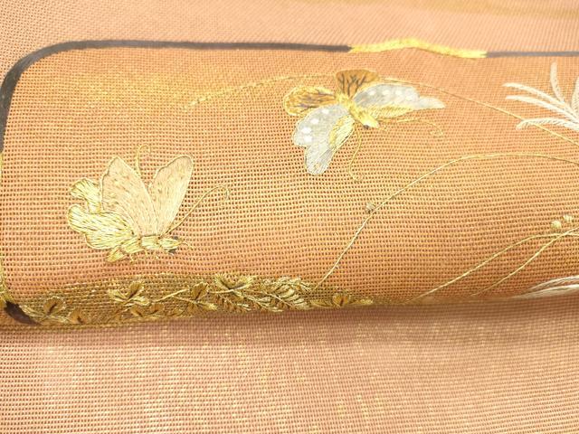 平和屋着物＊夏物 太鼓柄袋帯 刺繍 舞蝶草葉文 金糸 引箔 正絹 逸品 DABA0098cm