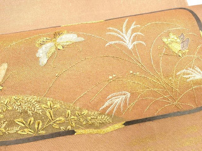 平和屋着物＊夏物 太鼓柄袋帯 刺繍 舞蝶草葉文 金糸 引箔 正絹 逸品 DABA0098cm