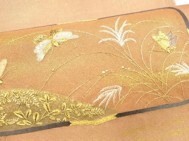平和屋着物＊夏物 太鼓柄袋帯 刺繍 舞蝶草葉文 金糸 引箔 正絹 逸品 DABA0098cm