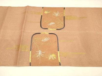 平和屋着物＊夏物 太鼓柄袋帯 刺繍 舞蝶草葉文 金糸 引箔 正絹 逸品 DABA0098cm