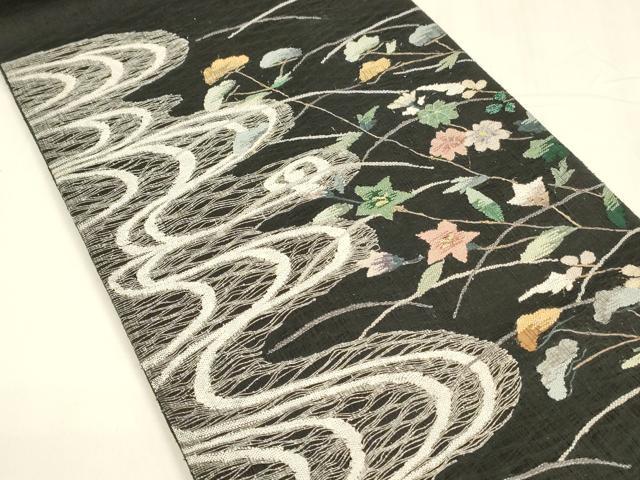 平和屋着物▽スリーシーズン 春夏秋 太鼓柄袋帯 すくい織 流水草花文 黒地 金銀糸 正絹 逸品 DABA0099cm