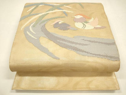 平和屋着物＊夏物 太鼓柄袋帯 流水鴛鴦草葉文 金糸 正絹 逸品 DABA0103cm