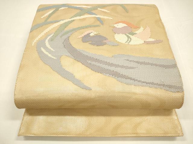 平和屋着物＊夏物 太鼓柄袋帯 流水鴛鴦草葉文 金糸 正絹 逸品 DABA0103cm