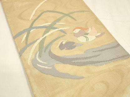 平和屋着物＊夏物 太鼓柄袋帯 流水鴛鴦草葉文 金糸 正絹 逸品 DABA0103cm