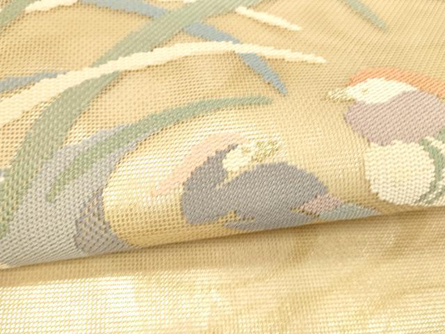 平和屋着物＊夏物 太鼓柄袋帯 流水鴛鴦草葉文 金糸 正絹 逸品 DABA0103cm